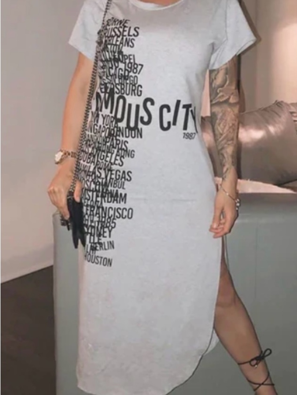 Fashion Nova Grey Graphic T-Shirt Maxi Dress - Famous City with Long Side Slit
